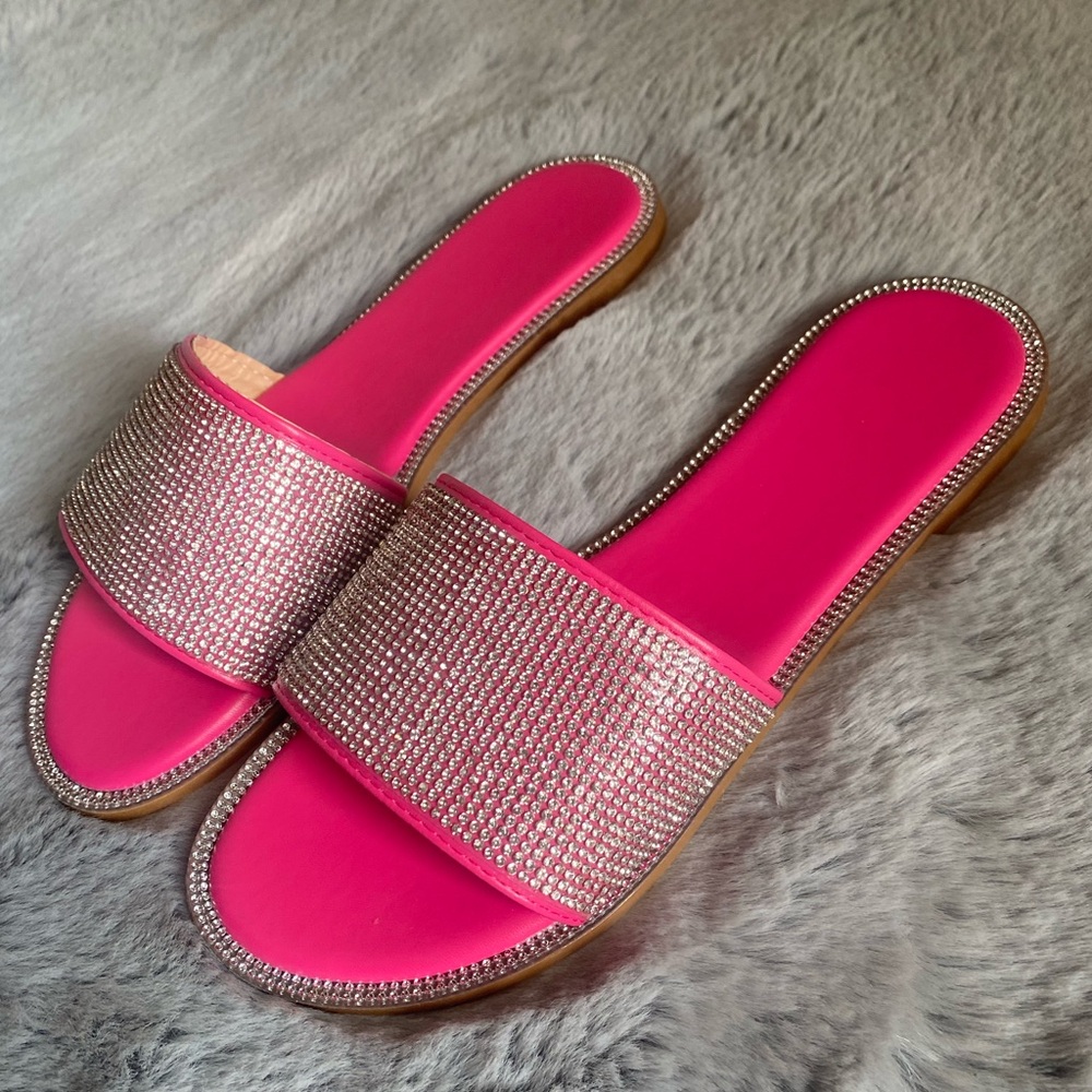 Sparkly PINK / Rose red rhinestone slide sandals